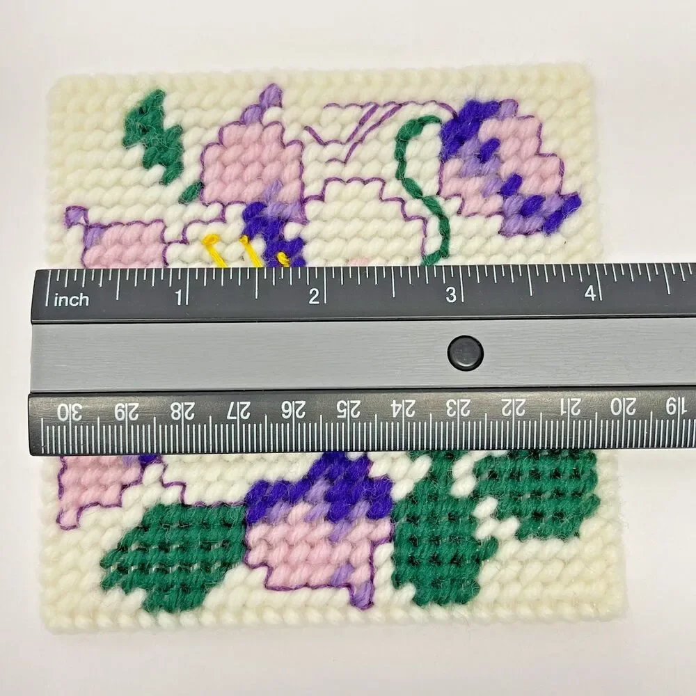 Vintage Handmade Needlepoint Floral Coasters Set of 7 w/ Yarn Covered Box 4in